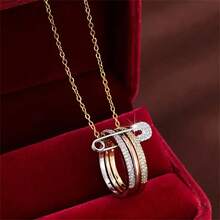 1pc Elegant Fashionable Copper Zirconia Tri-Color Safety Pin Necklace, Jewelry Gift For Women Suitable For Daily Wear, Shopping, Party