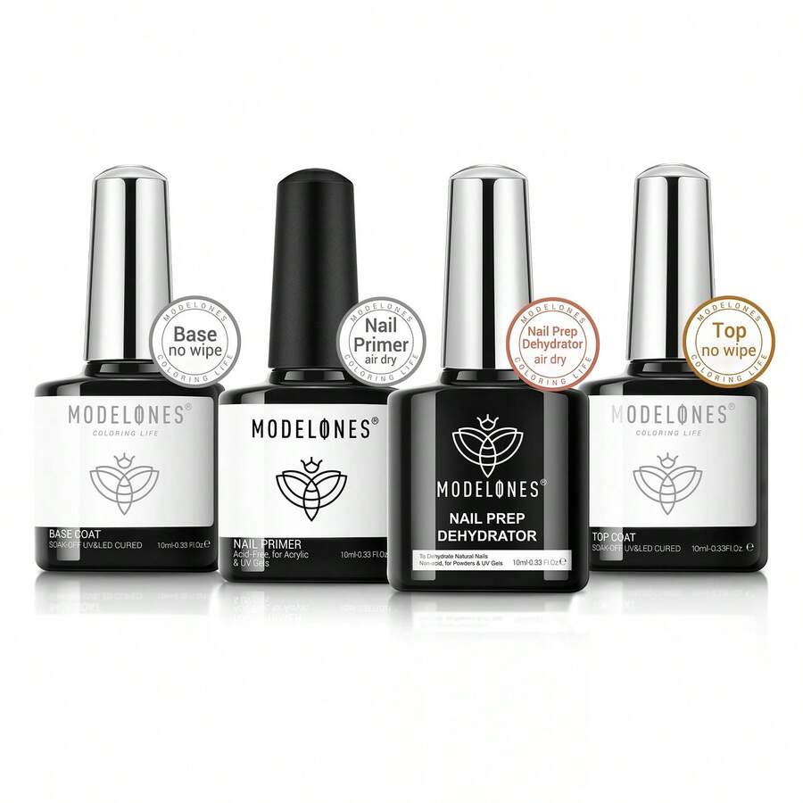 Modelones Nail Dehydrator And Primer With Gel Base & Top Coat Set, Acid Free Acrylic Supplies Primer Glossy Gel Nail Polish Top Coat Starter Kit - 無色 - 查看 1