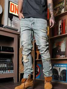 Streetwear Elastic Slim Fit Casual Distressed Denim Jeans For Men - Rửa nhẹ - Xem 1