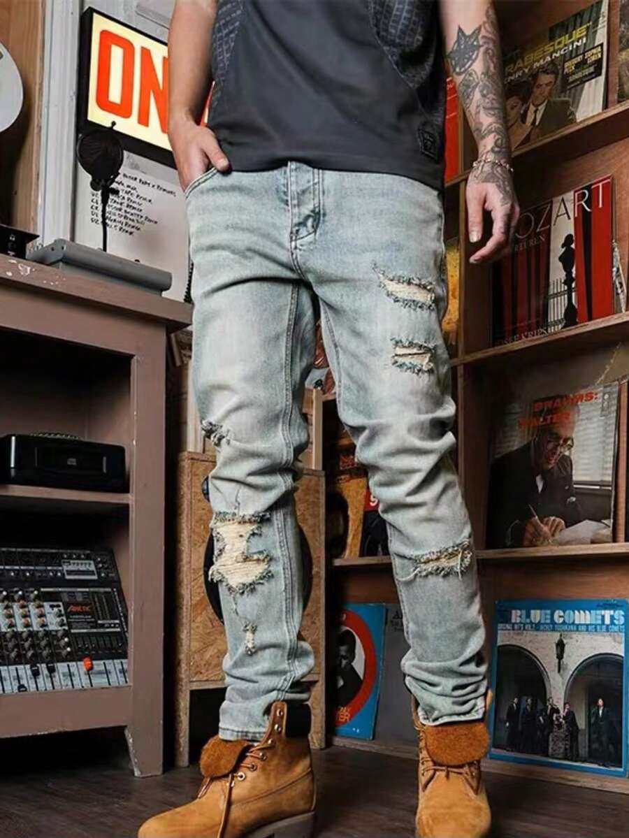 Streetwear Elastic Slim Fit Casual Distressed Denim Jeans For Men - Rửa nhẹ - Xem 1