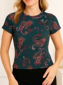 "Crop top paisley mujer boho – camiseta estampada paisley estilo retro, top bohemio psicodélico, crop top estampado cachemira ideal para moda boho chic y looks coloridos" - Verde Oscuro - Ver 8