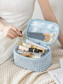 1 Pink Velvet Material Cosmetic Bag Travel Portable Storage Bag, Women's Cosmetic Bag Lipstick Bag, Travel Cosmetic Bag Storage Bag, Polka Dot Pattern Large Capacity Cosmetic Storage Bag, Toiletry Bag Large Capacity Velvet Storage Bag