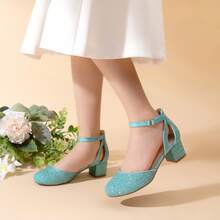 Little Girl's Wedding Party Pumps - Closed Toe High Heels With Ankle Strap For Toddler & Big Kid - 藍色 - 查看 3