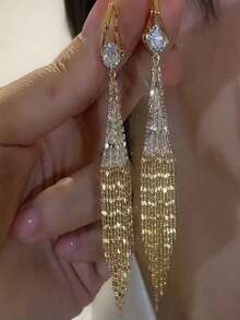 1 Pair Of Luxurious Gold Tassel Hanging Earrings With Shiny Square Crystal Synthetic  - Elegant Personality Jewelry For Parties, Dates And Everyday Charm - 金色 - 查看 1