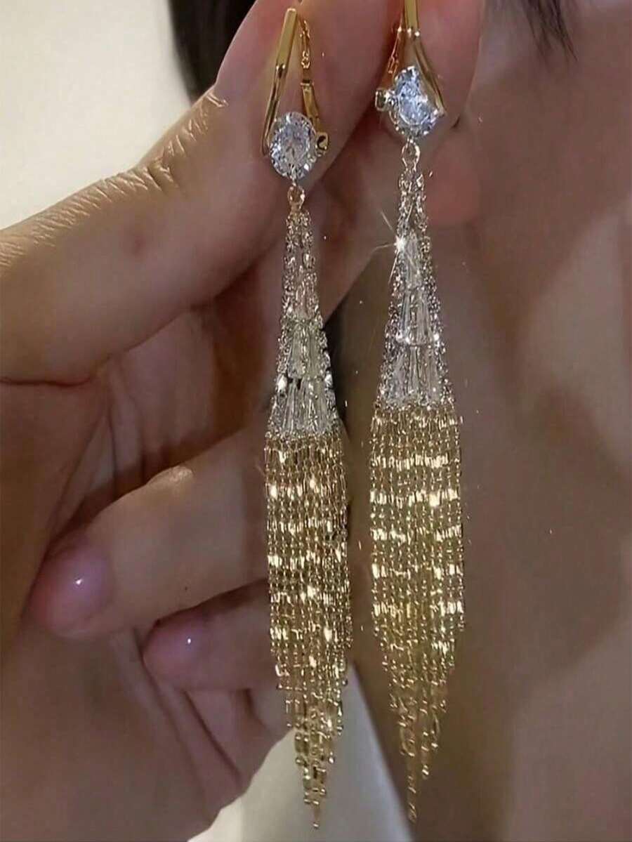 1 Pair Of Luxurious Gold Tassel Hanging Earrings With Shiny Square Crystal Synthetic  - Elegant Personality Jewelry For Parties, Dates And Everyday Charm - 金色 - 查看 1