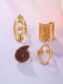 4pcs/Set Stainless Steel Gold Bohemian Style Geometric Shape, Brown Drip Oil Gold Conch Shell Women's Ring Set, Suitable For Beach Vacation Or Gift Collection - Yellow Gold - View 3