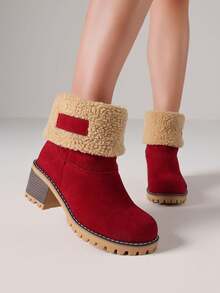 Winter Faux Fur Snow Boots For Women Platform Block Chunky Heels Pull On Comfortable Outdoor Suede Warm Boots - 紅色 - 查看 5