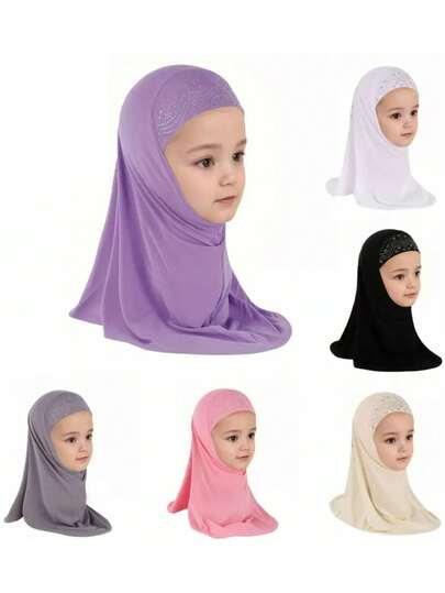 3-8 Years Old Children's Malay Scarf, Dubai Easy-To-Wear Headscarf, Muslim Floral Rhinestone Imitation Girls Headscarf, Toddler Malay Scarf Middle East