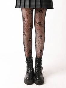 1pc Women Sexy Black Skull Pattern Leggings, Punk Hollow Tights, Fishnet Stockings For Streetwear