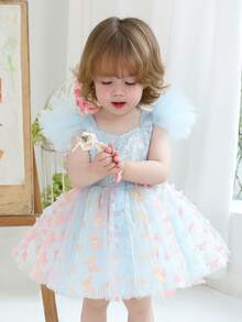 女婴蓝色荷叶袖亮片3D蝴蝶结优雅派对礼服，公主裙，适合宝宝一周岁生日派对、婚礼、宴会、花童等场合。 - 淺藍色 - 查看 5