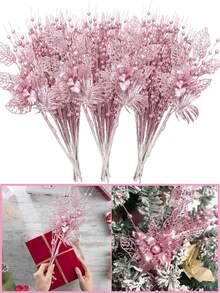 Set de 6 ornamente de brad de Crăciun, flori artificiale roz cu sclipici, crengi, agrafe pentru decorarea bradului de Crăciun, cadou, vază mică, decor pentru casă, sărbători, nuntă, petrecere, agrafe artificiale cu sclipici, 6 buc tulpini artificiale cu sclipici și 1 buc ornamente de flori cu sclipici pentru brad de Crăciun, cadou de Revelion - Decor roz pentru casă, decorațiuni de Crăciun, decor pentru cameră