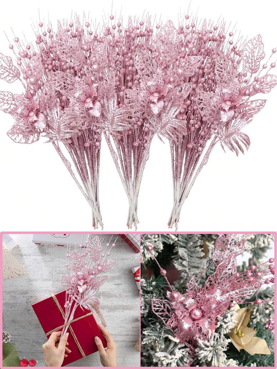 Set de 6 ornamente de brad de Crăciun, flori artificiale roz cu sclipici, crengi, agrafe pentru decorarea bradului de Crăciun, cadou, vază mică, decor pentru casă, sărbători, nuntă, petrecere, agrafe artificiale cu sclipici, 6 buc tulpini artificiale cu sclipici și 1 buc ornamente de flori cu sclipici pentru brad de Crăciun, cadou de Revelion - Decor roz pentru casă, decorațiuni de Crăciun, decor pentru cameră