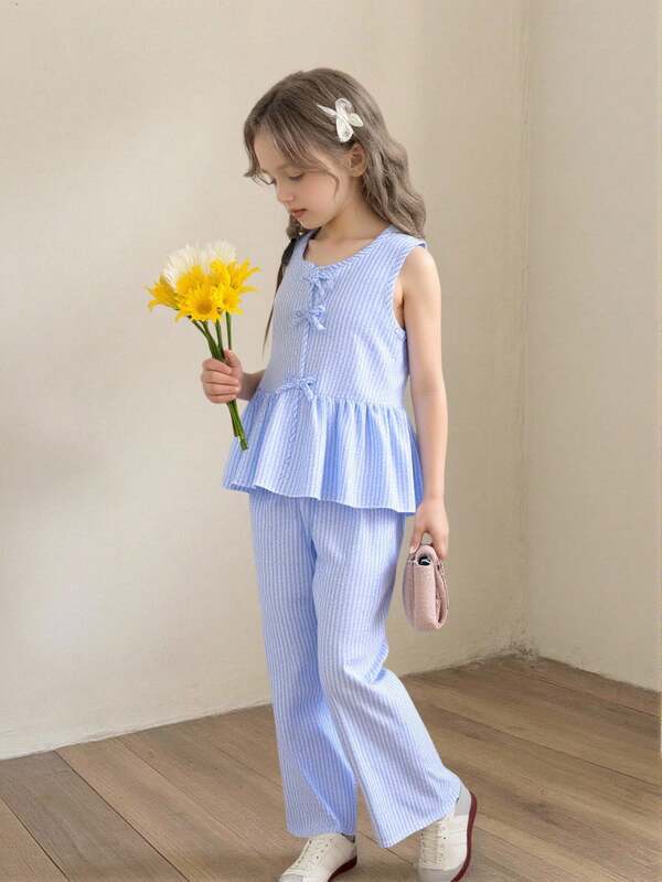 2pcs Girls Fashion Striped Ruffle Blouse + Casual Wide Leg Pants Outfit Set