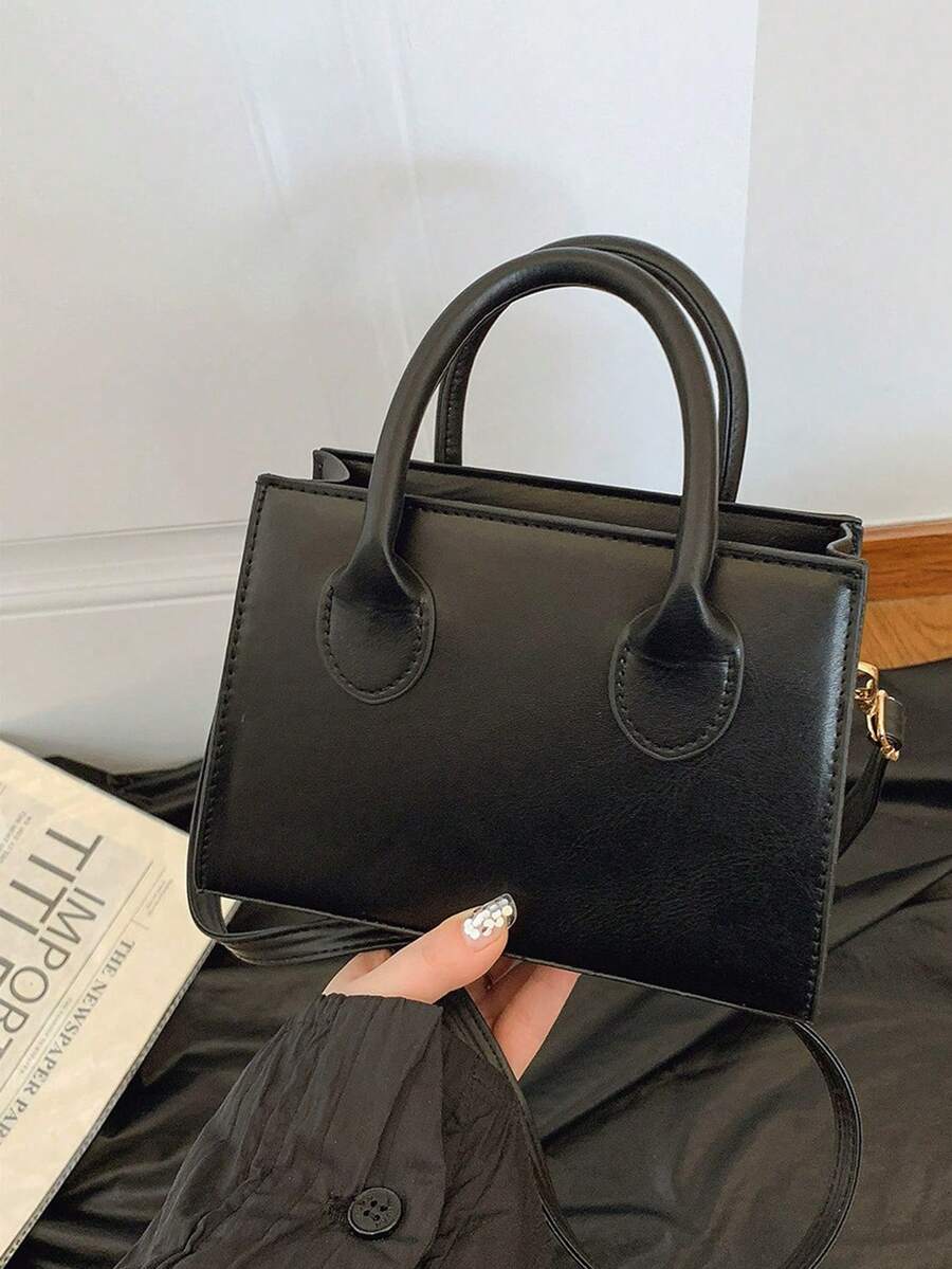 Solid Color Pu Handbag, Simple Casual Small Square Bag, Commuter Mini Shoulder Bag, Fashionable Crossbody Bag For Outings - Black - View 1