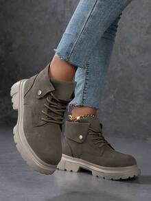 Fall/Winter 2025 Soft And Breathable Outdoor Fashion Boots, Thick Bottom, Lightweight And Comfortable For Holidays, Fall, Winter, Autumn, Travel, And Festivals. Suitable For All Seasons, Ankle Boots And Naked Boots In Fashion Style Women's High Heel Chunky Boots, British Style, Waterproof Platform, Fashionable Ankle Boots For Plus Size - Army Green - View 4