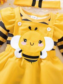 3pcs Baby Girls Outfit Set: Yellow & Black Striped Romper, Embroidered Bee Suspender Dress (With Ruffle Hem And Headband) - Multicolor - View 7