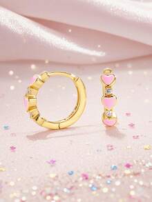 Artepollo 1 Pair 925 Sterling Silver Gold-Tone Oil Drop Heart Earrings For Women, Cubic Zirconia Studded Cute Earrings, Gold Jewelry Gift