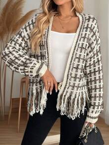 Fall Winter New Arrival Shopping Party Thick Knit Texture Retro Style Tassel Hem V‑Neck Knit Outerwear - Multicolor - View 6