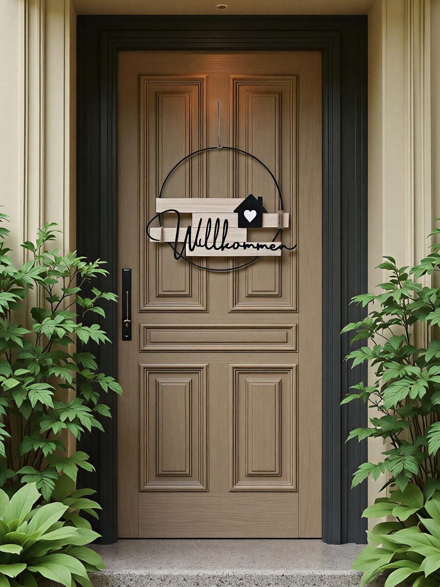 1pc Handmade "Willkommen" (Or "Welcome") Letter Iron & Wood Wall Hanging Sign, Combination Of Iron And Wood Materials, Suitable For Decoration At Entrance, Hallway, Living Room, Bedroom Doors, Hotels, Restaurants, Cafes, Ideal For Mother's Day, Back To School, Thanksgiving, Christmas Gifts - Multicolor - View 1
