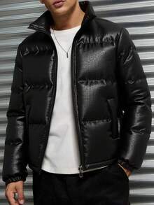 Modcrash 男士PU皮羽绒服，纯色，保暖，立领，棉质填充，休闲日常通勤，街头时尚，2000年代风格 - 黑色 - 查看 2