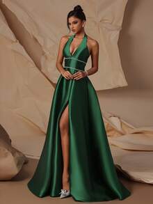 VIPGIRL Robe de soirée élégante pour femme sans manches, dos nu, à bretelles spaghetti, décorée de sequins contrastés, fente haute sur la cuisse, en tissu tissé long dos nu - Vert - Voir 6