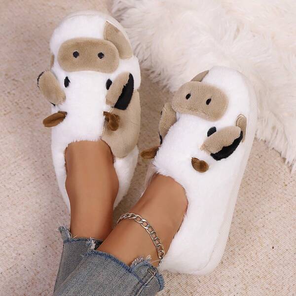 Cute & Soft Cow Print Closed-Toe Slippers For Women, Warm & Fashionable For Student Dorm Or Home Use In Winter