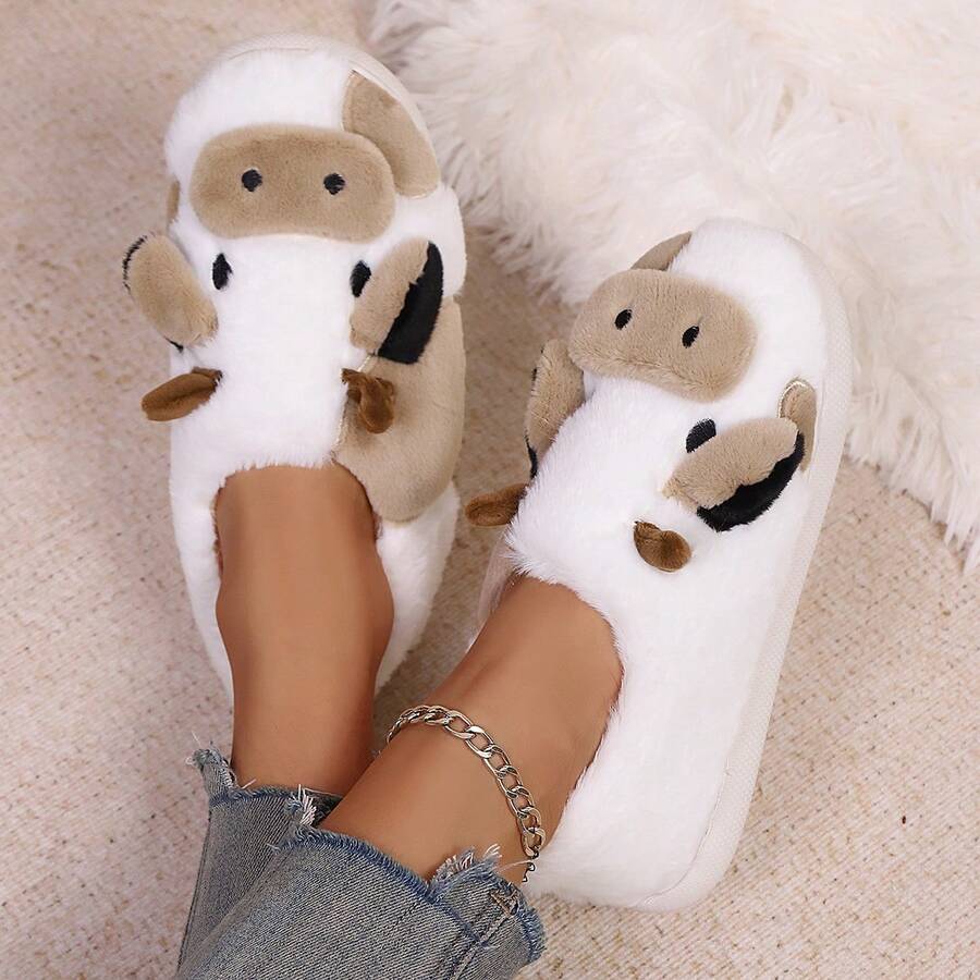 Cute & Soft Cow Print Closed-Toe Slippers For Women, Warm & Fashionable For Student Dorm Or Home Use In Winter Gifts Music Fest - Brown - View 1