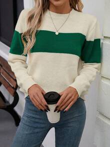 Suéter feminino listrado de malha com contraste de cores, uso diário, outono/inverno