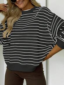 Women's Casual Black & White Striped Long Sleeve Sweatshirt, Comfortable & Minimalist Style, Autumn Spring - Black - View 3