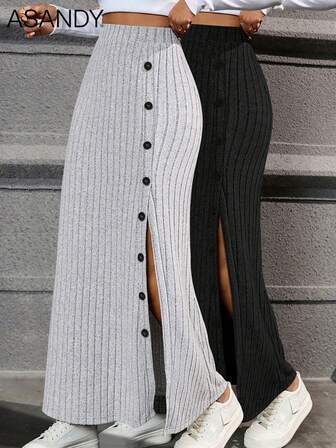 女性の秋冬ボタンスーツ - 無地スリットスカート + カジュアルトップス、ミニマリストデイリーアウトフィット