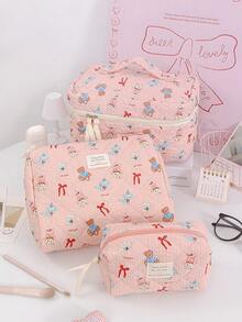 1 Piece Large Capacity Cosmetics Storage Bag Portable Travel Cosmetics Pouch Red Bow Pattern Makeup Bag Multi-Functional Make Up Bag Set Pink Travel Toiletry Bag For Girls Cute Cartoon Print Skincare Organizer Bag Foam Quilted Household Makeup Bag - Pink - View 3