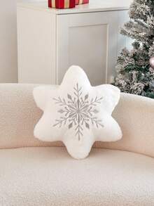 1pc Christmas Faux Fur Silver Asymmetrical Snowflake Embroidered Throw Pillow Cover, Suitable For Indoor Decor, Christmas Decorative Cushion Cover, Pillow Insert Not Included
