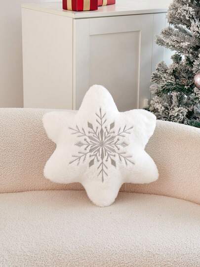 1pc Christmas Faux Fur Silver Asymmetrical Snowflake Embroidered Throw Pillow Cover, Suitable For Indoor Decor, Christmas Decorative Cushion Cover, Pillow Insert Not Included