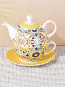 MBB 1 zestaw herbaty dla jednej osoby, zestaw herbaty ceramicznej z kwiatowym wzorem dla jednego czajniczka i filiżanki, kolorowy zestaw herbaty prezent dla kobiet i mężczyzn, porcelanowy zestaw herbaty z kwiatowym wzorem i spodkiem z pokrywką, dekoracyjny biały, podstawowy, zabytkowy czajniczek z porcelany kostnej prezent dla kobiet do domu i biura, atrakcyjny, wielokrotnego użytku, ręcznie robiony prezent, czajniczek w stylu europejskim, zestaw filiżanek do herbaty ze spodkiem, różowy, pomarańczowy, zielony, żółty, dostępne inne kolory