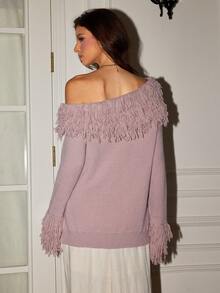 Women's Retro Elegant French Street Solid Color Tassel Oblique Shoulder Long Sleeve Slit Hem Fit Pullover Sweater Cuffed Oneneck Offshoulder Fringed Sweater, Fall Winter