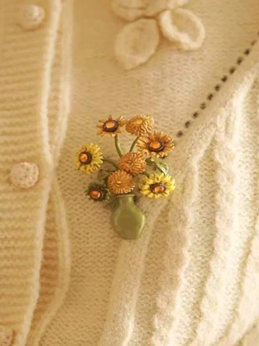 1pc Artistic Van Gogh Style Glazed Daisy Flower Brooch Pin, Unisex Sunflower Plant Suitable For Elegant Party Wear, Jewelry Gift For Friends