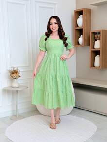 Elegant 3D Embroidered Laise Midi Dress In 100% Cotton With Puff Sleeves And Flared Skirt - 淡綠 - 查看 4