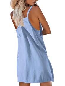 Women's Sleeveless Mini V-Neck Sundress With Spaghetti Straps, Athletic Short Dress With Pockets, Summer Casual Beach Dress For Travel, Dating, And Daily Wear  Holiday  Vacation    Casual - 淺藍色 - 查看 6
