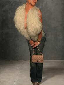 Women's Sexy Backless Faux Fur Vest Jacket With Deep V-Neck And Tie Back, Suitable For Autumn/Winter - Khaki - View 6