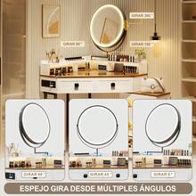 Vlsrka Tocador Vanity de Esquina con Espejo Luz LED y Taburete Taquillas y Compartimentos de Lona Tocador para Recamara con Estacion de Carga Blanco Vintage - Blanco - Ver 4
