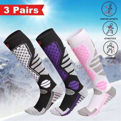 3 Pairs Unisex Thick Thermal Ski Socks, Breathable & Warm For Outdoor Sports Like Skiing, Ice Skating, Hiking In Winter