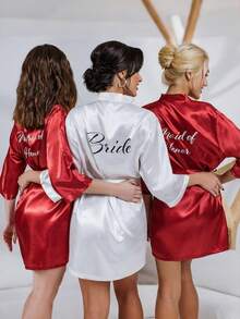 1pc Personalized Custom Satin Bridal Robe With Half Sleeves, Custom Text, Custom Wedding Robe For Bride Bridesmaid, Personalized Satin Robe, Custom Bridal Robe, Bridesmaid Getting Ready Robe, Wedding Party Robes, Lace Trim Robe, Custom Name Robe, Bride Robe Gift, Bridal Shower Gift, Silky Loungewear, Contracted,Funny,Custom,Unique, Matching Bridesmaid Robes Silky Loungewear Special Gifts For Brides, Besties, Girlfriends,Apparel Accessories,Chic Autumn