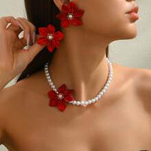 3 件套优雅项链 + 耳环首饰套装，浪漫法式宫廷风格，仿珍珠，3D 红色编织亚克力花朵设计，适合日常佩戴、宴会、奢华礼品，优质