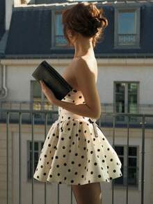 New Style Strapless Waist-Cinching A-Line Short Skirt With Polka Dots And Bow Embellishments - 白色 - 查看 3