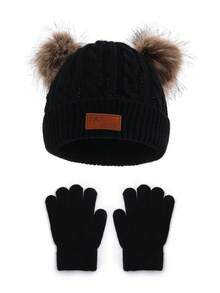 1 Gorro + 1 Par de Guantes (Set) Gorro de Punto de unicolor, Otoño/Invierno - Negro - Ver 6