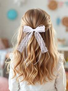 2 件白色和黑色薄纱蝴蝶结发夹，蕾丝压缩夹蝴蝶结发夹，适合女孩青少年礼物婚礼派对的甜美发饰 - 彩色 - 查看 3