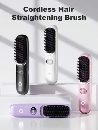 Cordless Mini Compact Hair Straightener Brush With LCD Display Temperature Adjustable, Portable Mini Straightening Brush For Travel, Negative Ion Hot Comb For Women Styling Hair Styler, Anti-Scald, Ceramic Coating