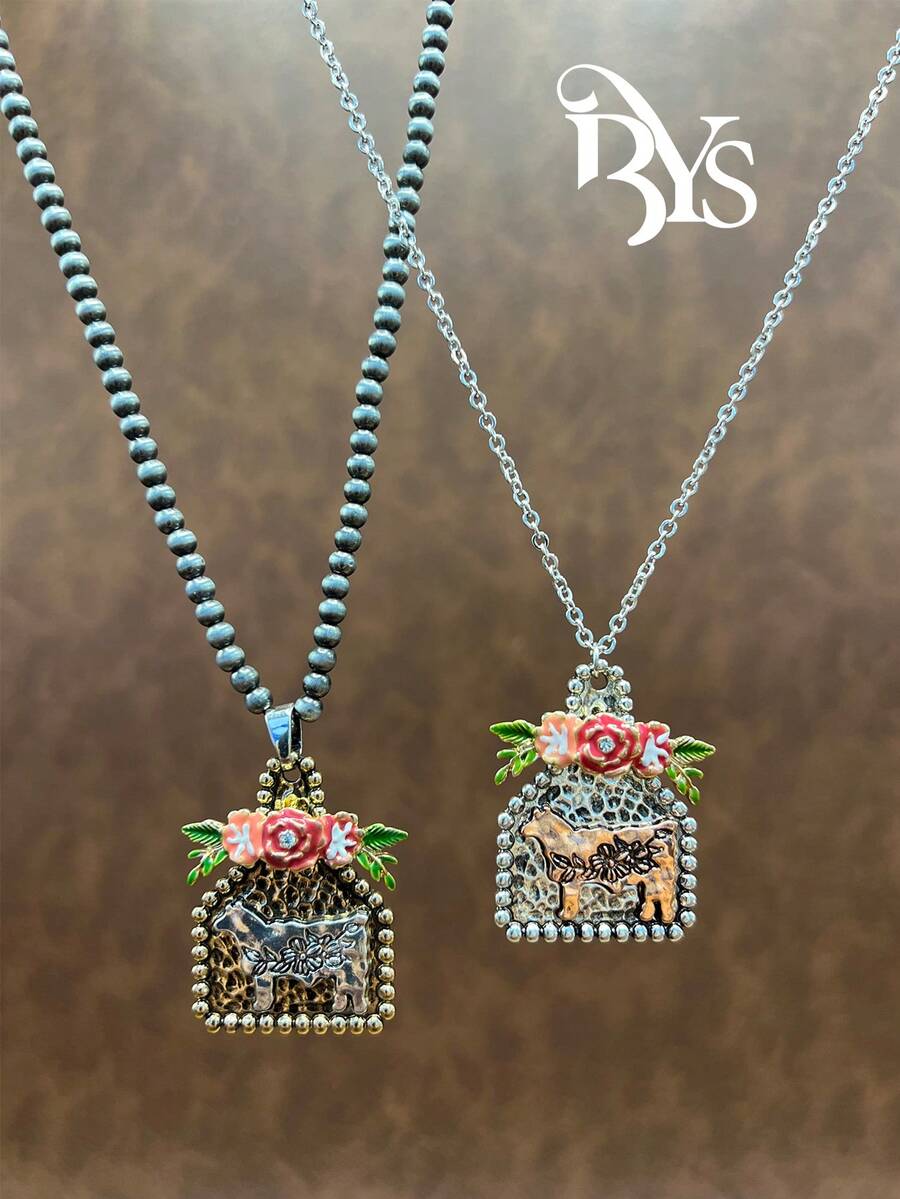 1pc Vintage Western Style Faux Pearl CCB Beaded Chain/Iron Chain, Cow Pendant Necklace, Versatile Short Length, Suitable For Casual Outfits, All Seasons Jewelry, Suitable For Women & Girls To Match Daily Clothes, Party Accessories, Jewelry Gift For Family/Friends/Yourself - Western Cowboy Style - View 1