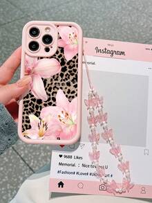 1 pieza Funda de teléfono con estampado de leopardo sexy, lirio y hibisco rosa, con cadena de mariposa con cuentas, compatible con iPhone 16 11 15 14 13 12 Pro Max XR Plus, regalo de Navidad, regalo de moda para mujeres, regalo con estilo