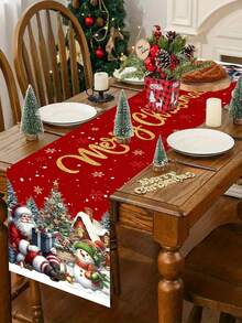 1pc Rustic Christmas Table Runner 35x180cm Santa Claus&Snowman Pattern Polyester Table Cover For Indoor/Outdoor Christmas Parties Supplies, Events, Festive Kitchen Dining Room Table Decorations Merry Christmas Decor 2025 Farmhouse Home Decor - Multicolor - View 8